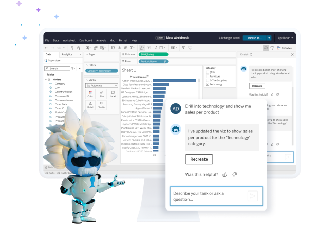 Composite image of Einstein character and Tableau product screenshots