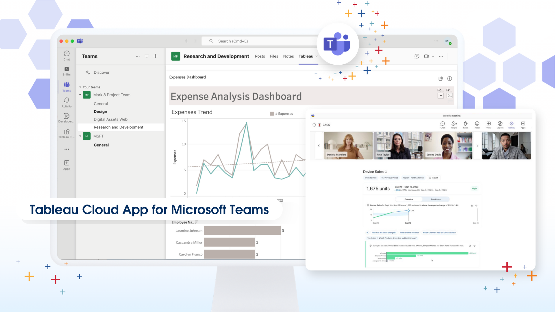 Tableau Cloud App in Microsoft Teams product screenshots showing Tableau Cloud visualizations within Microsoft Teams.